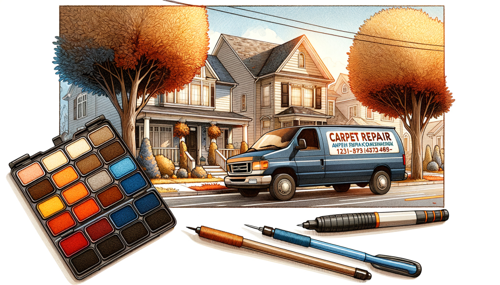A carpet repair van parked in front of a delightful suburban American house. Warm light and beautiful trees line the street. Pen and ink illustration with a tasteful watercolor wash.